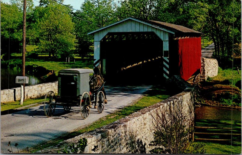 Paradise Bridge & Amish Carriage Heart of Amishland Vintage Postcard SP17-28